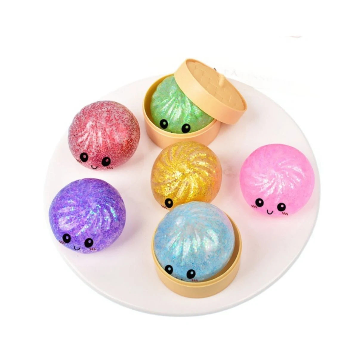 Glitter Bun Squishy Toy with Mini Bamboo Steamer 1