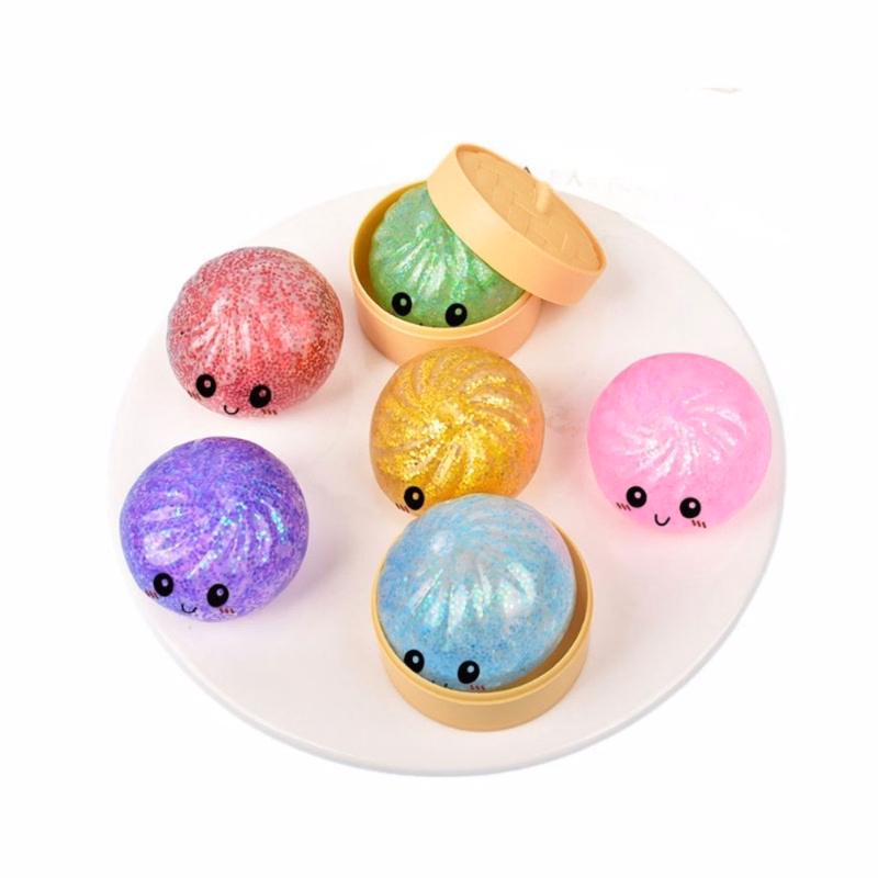 Glitter Bun Squishy Toy with Mini Bamboo Steamer