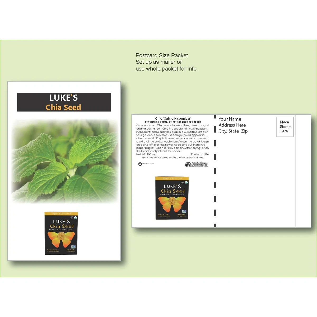 Chia Seed Packet - Postcard Mailer Size 4" x 6.5" 1