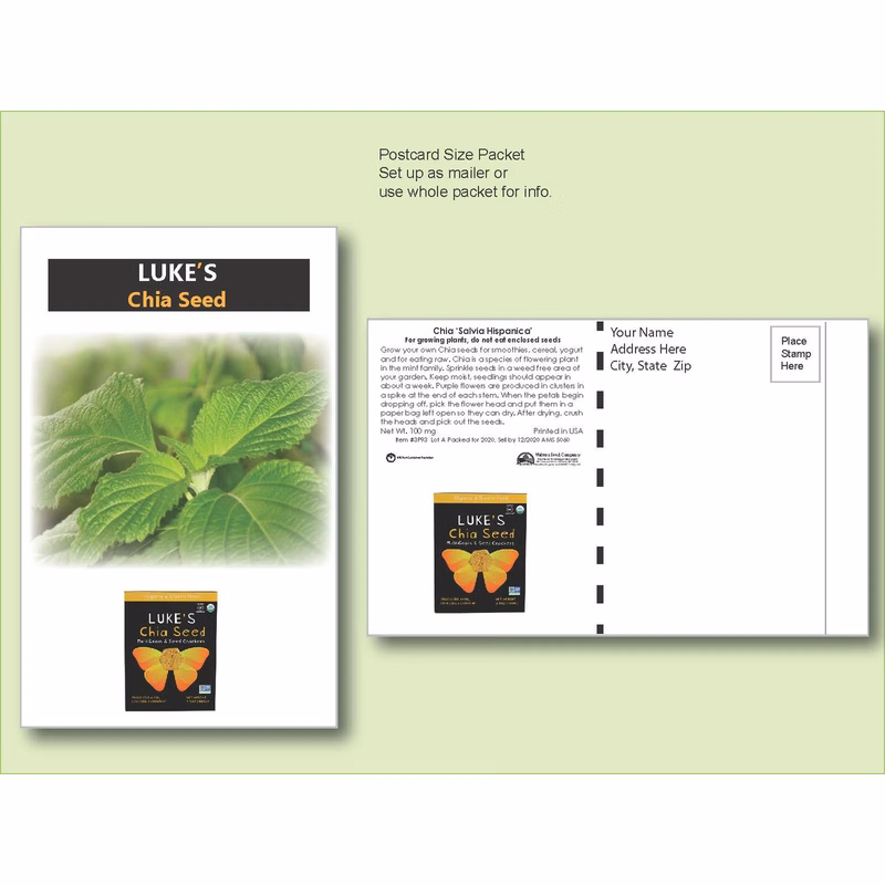 Chia Seed Packet - Postcard Mailer Size 4" x 6.5"
