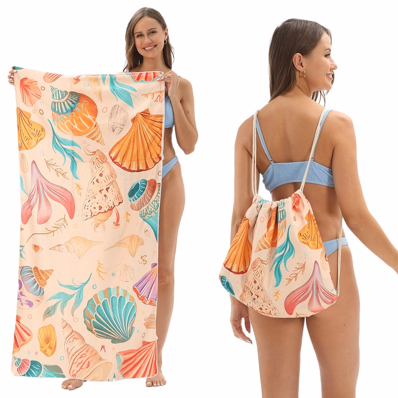 Digital Printed Quick Dry Beach Towel 2-in-1 Bath Towel with Drawstring Storage Bag