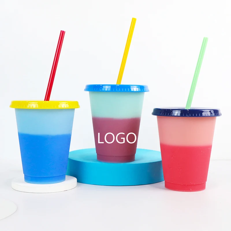 16OZ Reusable Color Changing Plastic Cups w/Lids and Straws 1