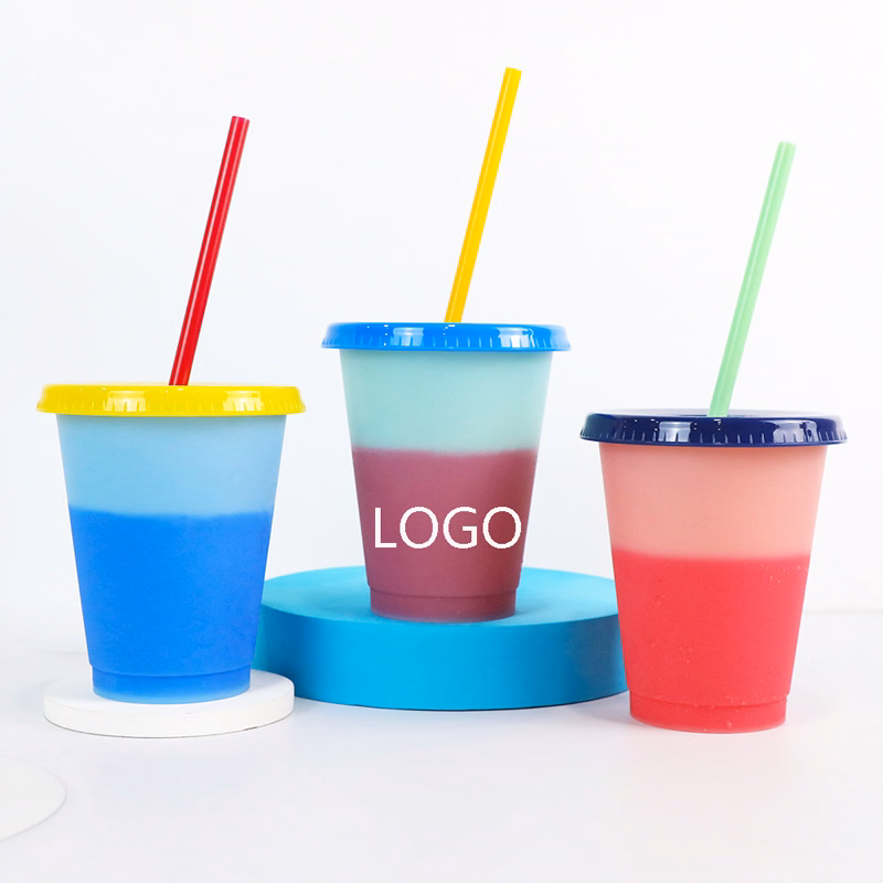 16OZ Reusable Color Changing Plastic Cups w/Lids and Straws