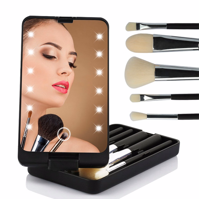 Makeup Brushes Case With LED Lighted Mirror