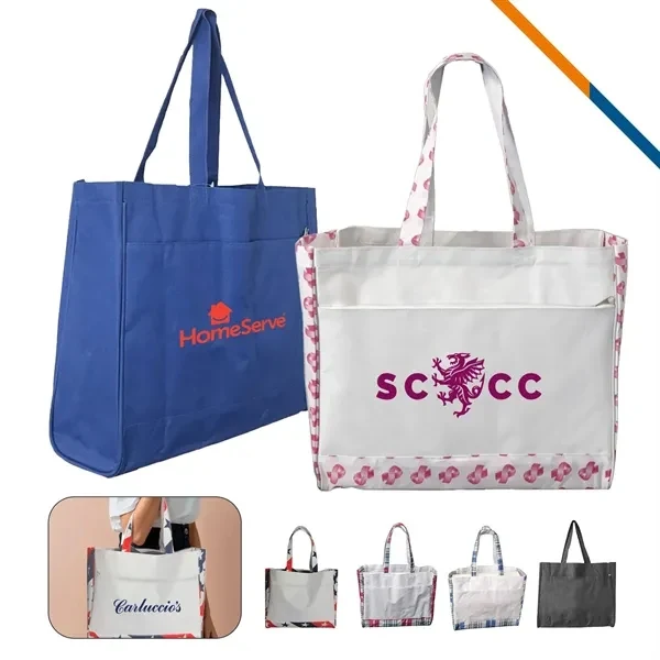 Custom 600D Polyester Tote Bag with Zippered Pocket — Everyday Shopping Giveaway, custom tote bag with logo imprint 1