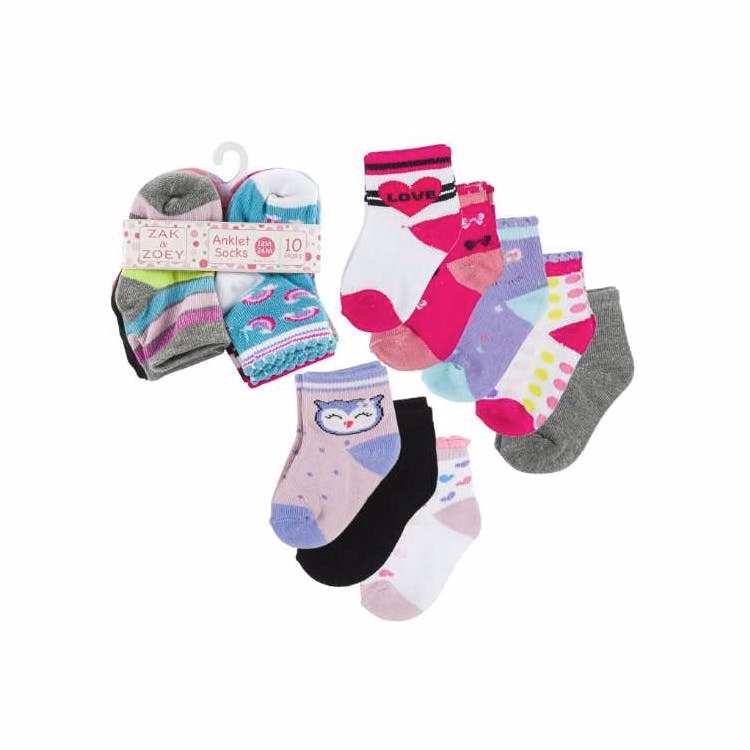 Girls' Ankle Socks - Asst Prints 12-24M 10 Pk