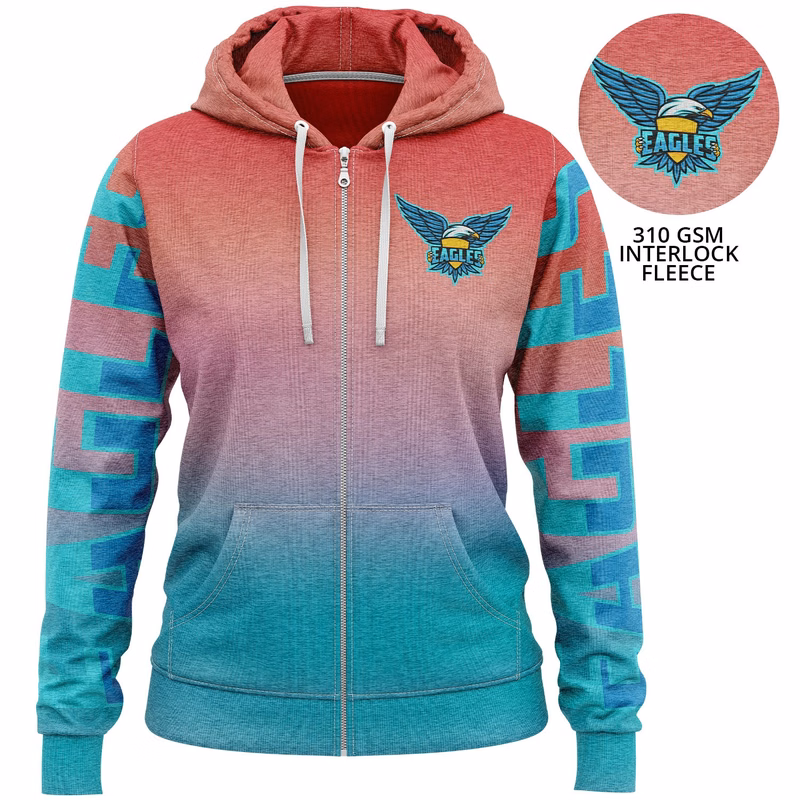 Women's 310 GSM Interlock Fleece Sublimation Full Zip Hoodie w/ Pockets