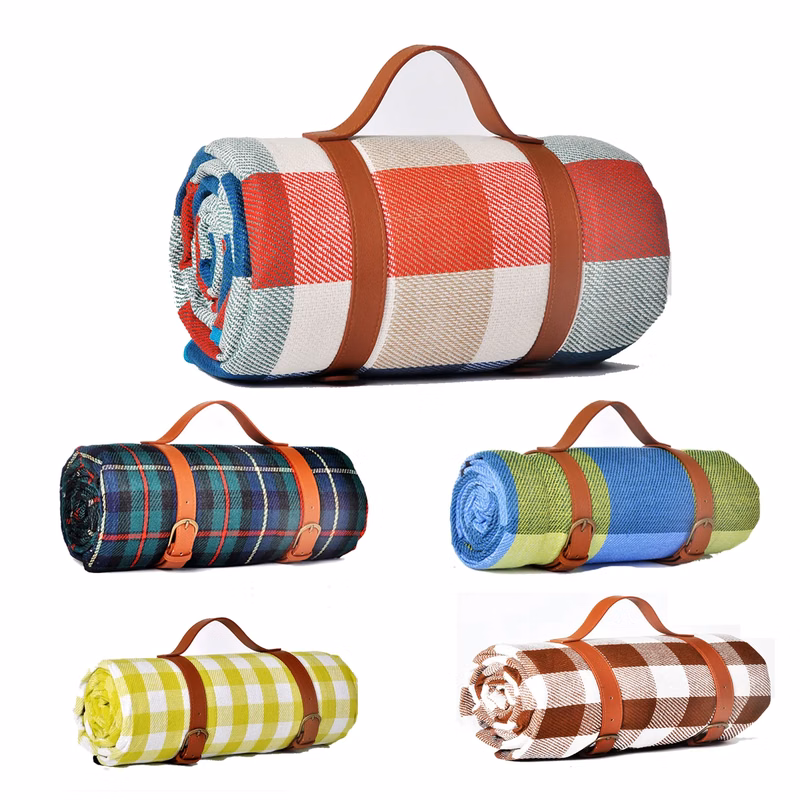 Plaid Picnic Mat With Leather Strap