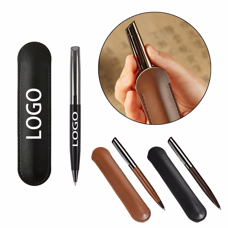 Wood Signature Pen Faux Leather Pouch Set