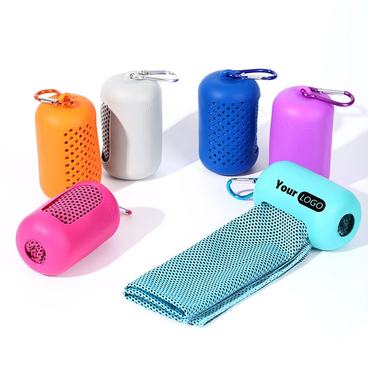 Polyester Portable Cooling Towel With Ventilated Case And Carabiner Clip 1