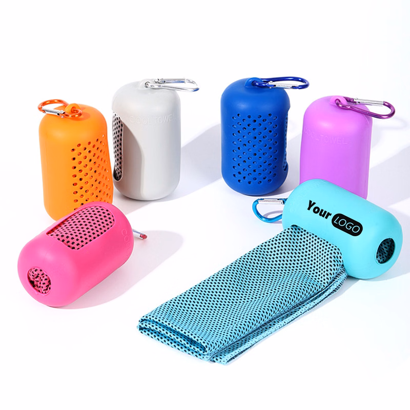 Polyester Portable Cooling Towel With Ventilated Case And Carabiner Clip