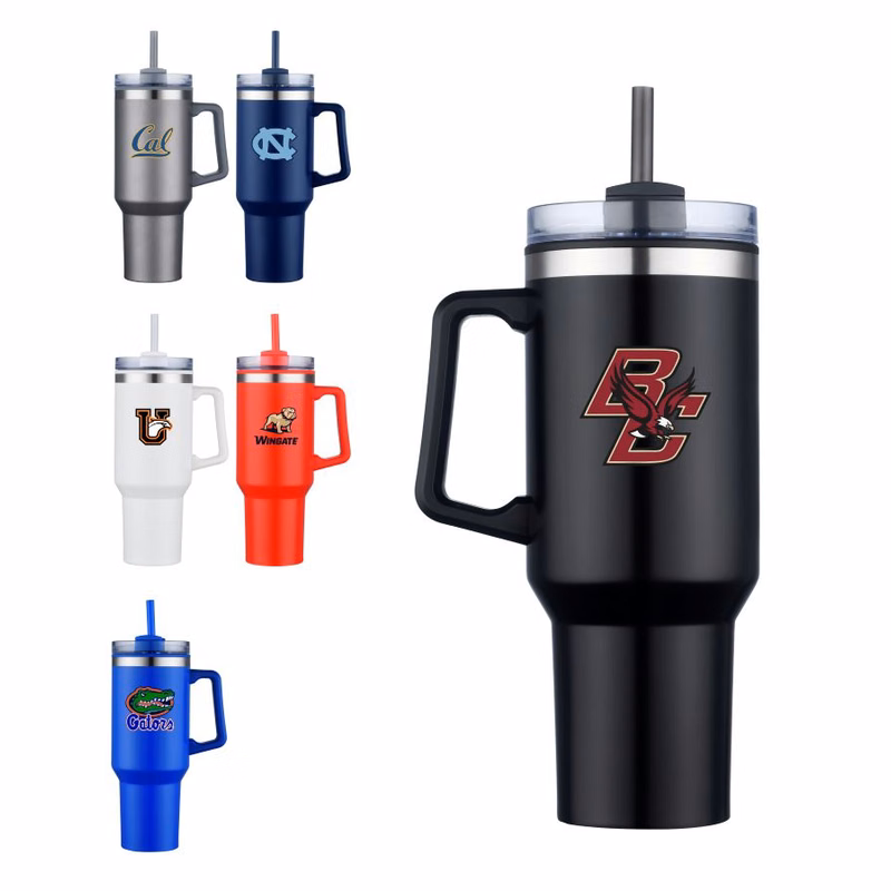 Union Printed - 40 Oz. Double Wall Insulated Travel Mug w/ Handle and Straw - Full Color Print