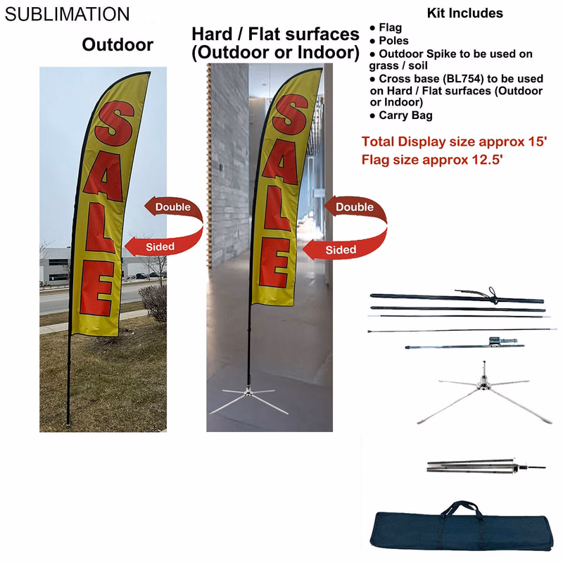 15' Large Feather Flag Kit, Full Color Graphics Double Sided, Outdoor Spike base, Indoor Cross Base