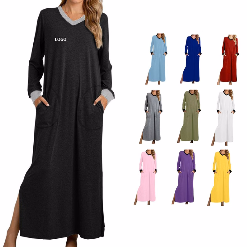 Womens Long Dress V Neck Nightshirts Side Slit