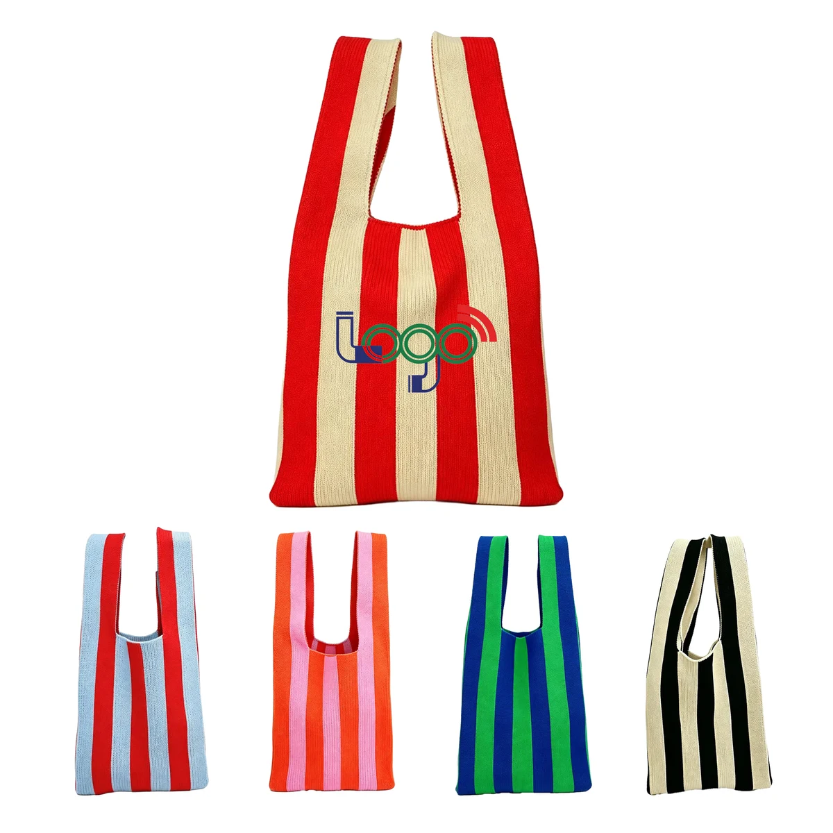 Striped Knit Handbag Tote Colorblock Fashion Carryall, custom tote bag with logo imprint 1