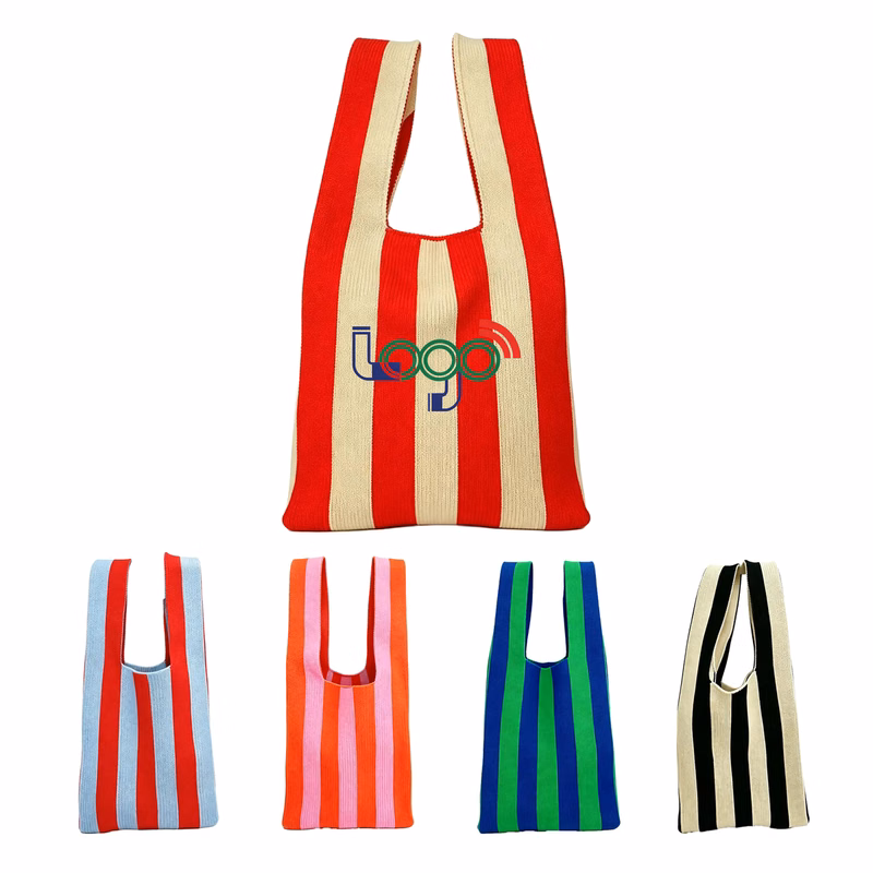 Striped Knit Handbag Tote Colorblock Fashion Carryall