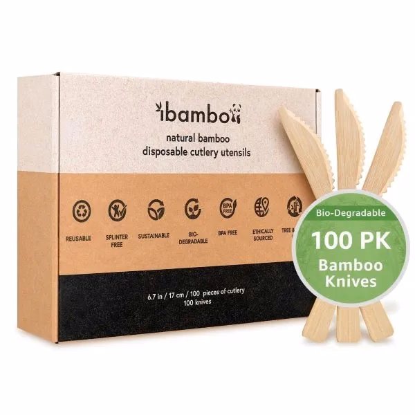 Ibambo Natural Bamboo Flatware Cutlery 100 Set (100 Knives)