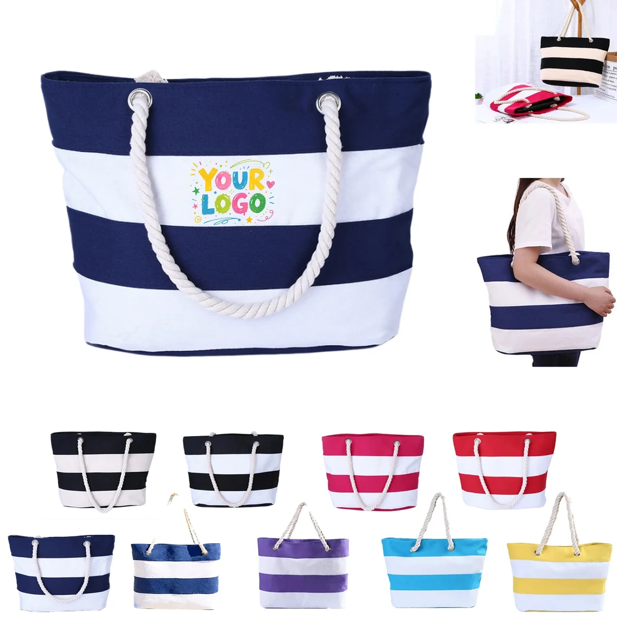 Striped Canvas Tote Bag for Travel Beach 1