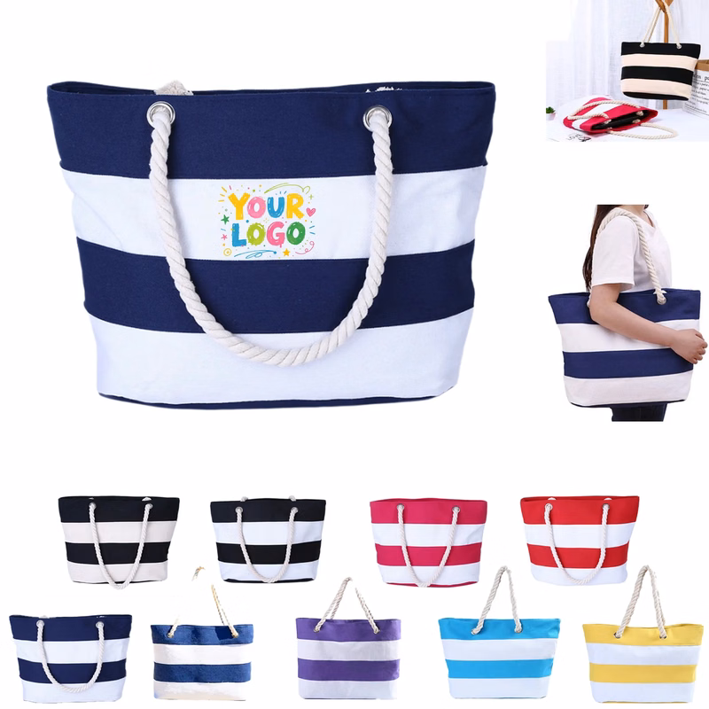 Striped Canvas Tote Bag for Travel Beach