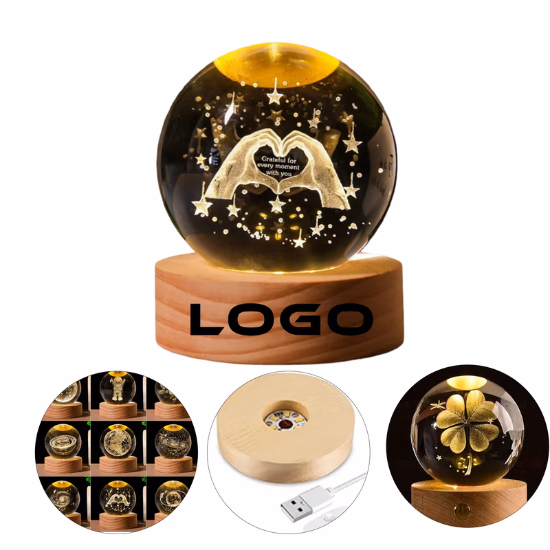 Luminous 3D Carved Crystal Ball - Wood Base USB