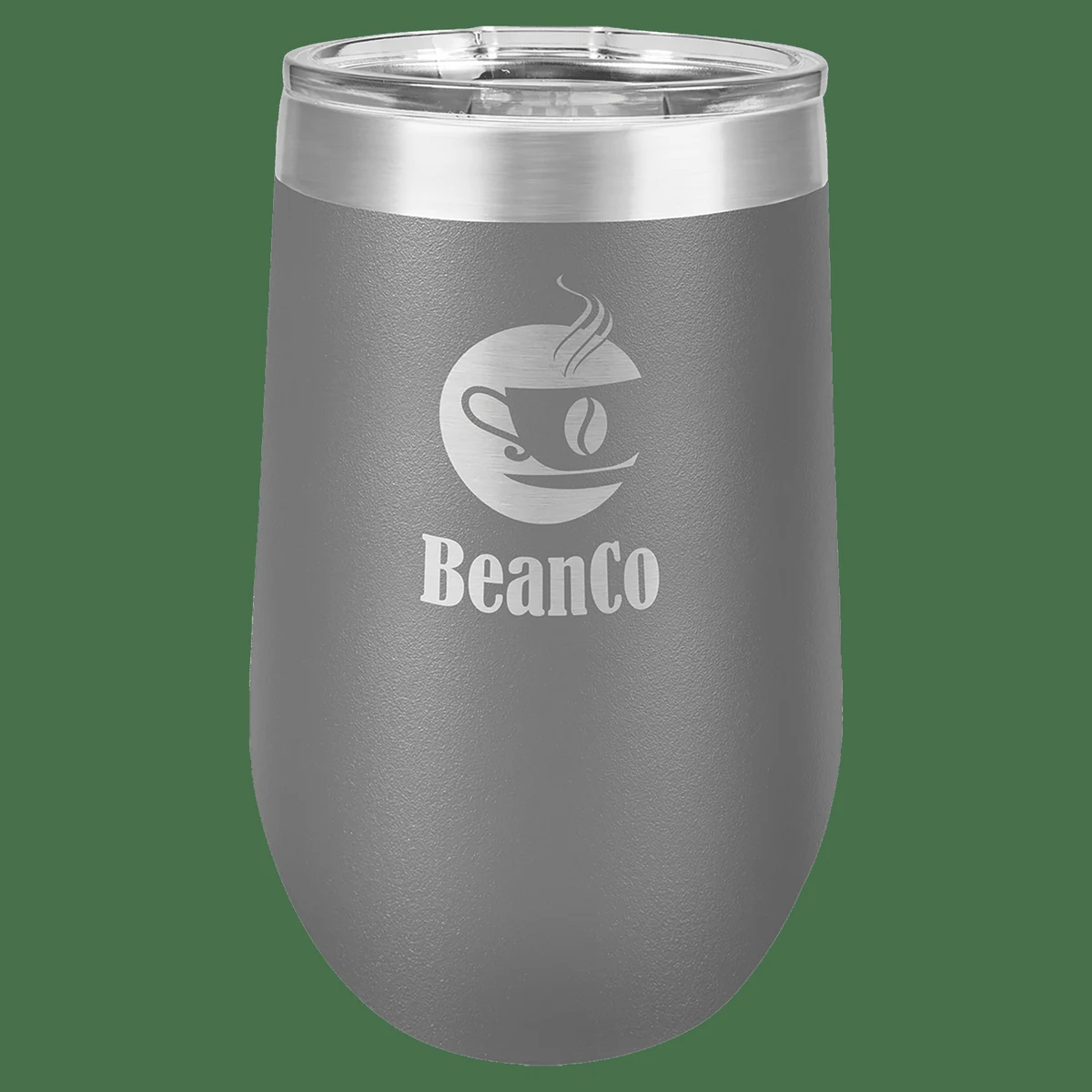 16 oz. Dark Gray Laser Engraved Polar Camel Stemless Wine Tumbler w/Clear Lid 1