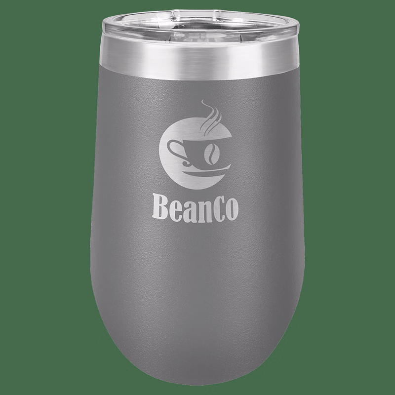 16 oz. Dark Gray Laser Engraved Polar Camel Stemless Wine Tumbler w/Clear Lid