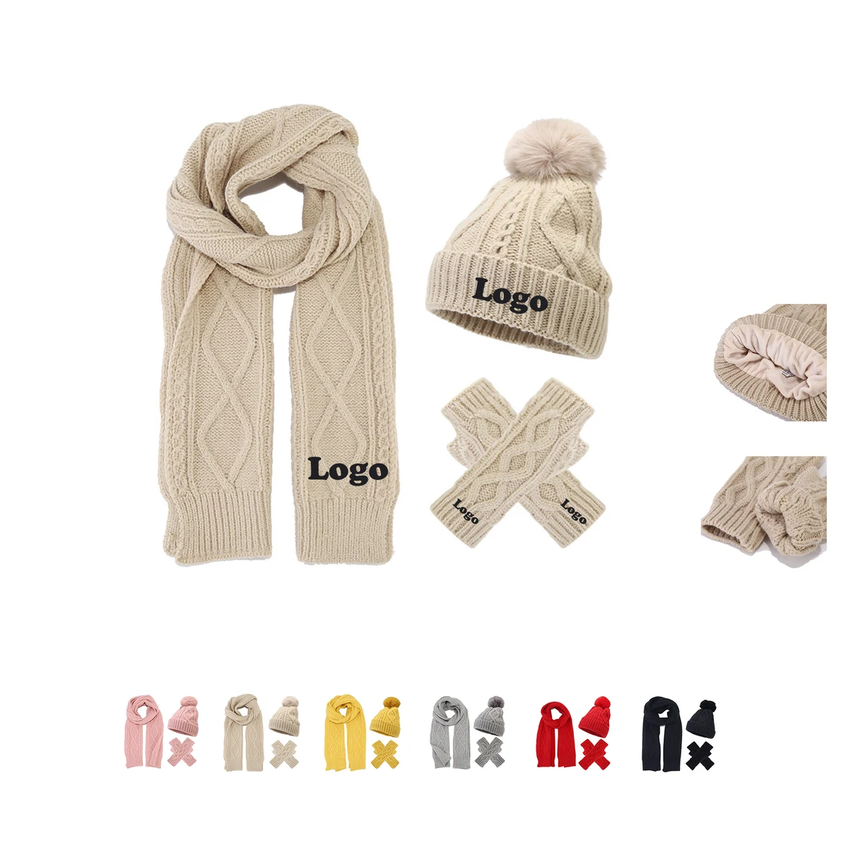 3Pcs Winter Knit Long Scarf Touch Screen Gloves Set 1