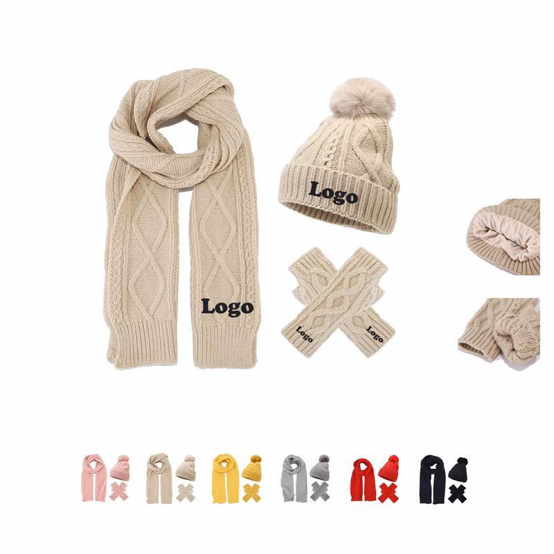 3Pcs Winter Knit Long Scarf Touch Screen Gloves Set