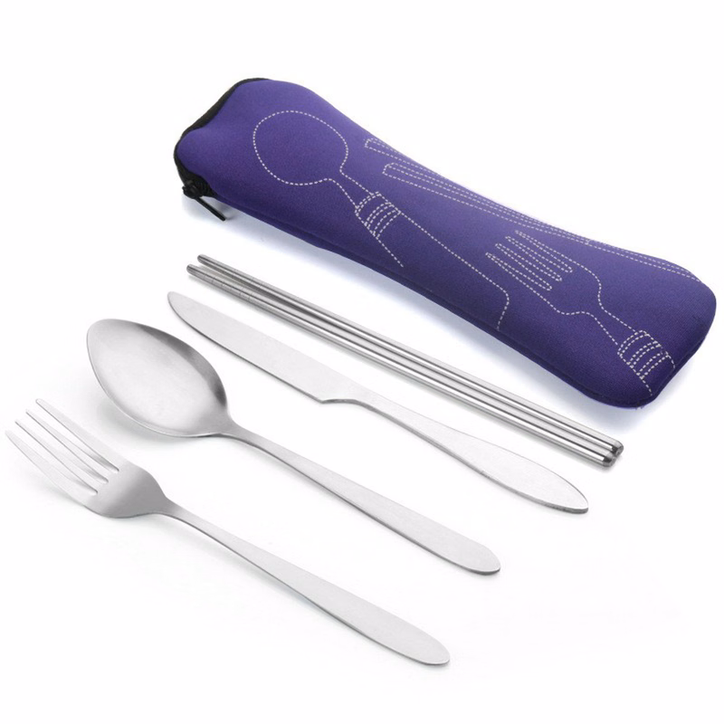 Silver 4pcs Portable Flatware Cutlery Set with Cutlery Pouch