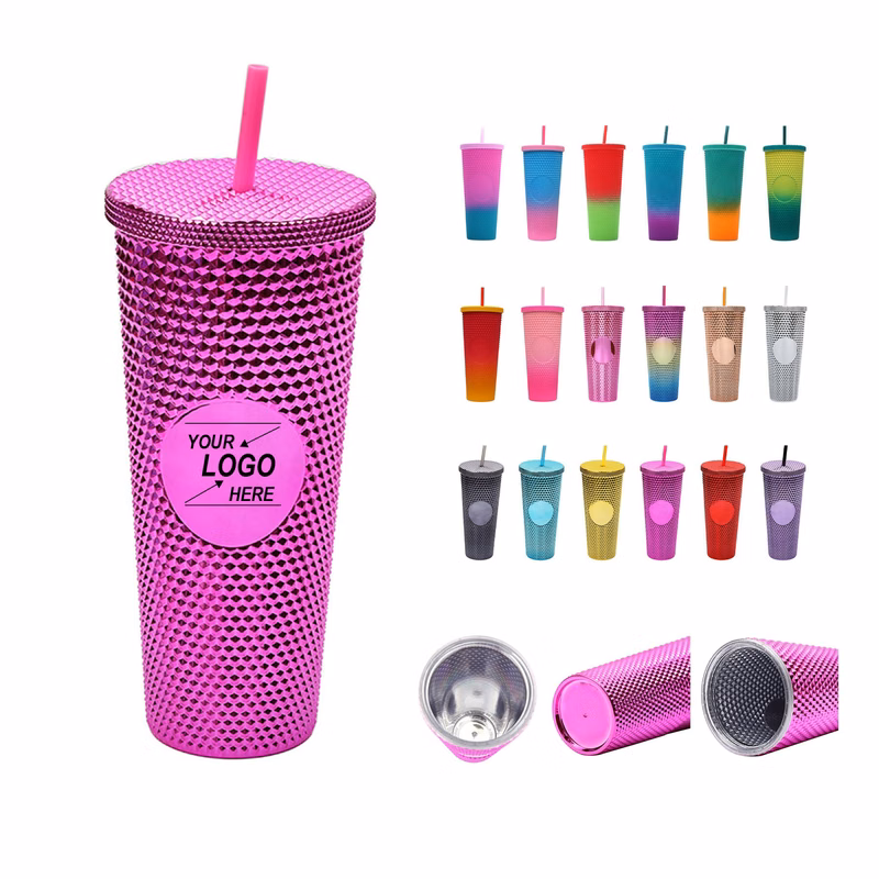 24oz Large Capacity Double Wall Straw Cup with Electroplated Gradient Color and Handle