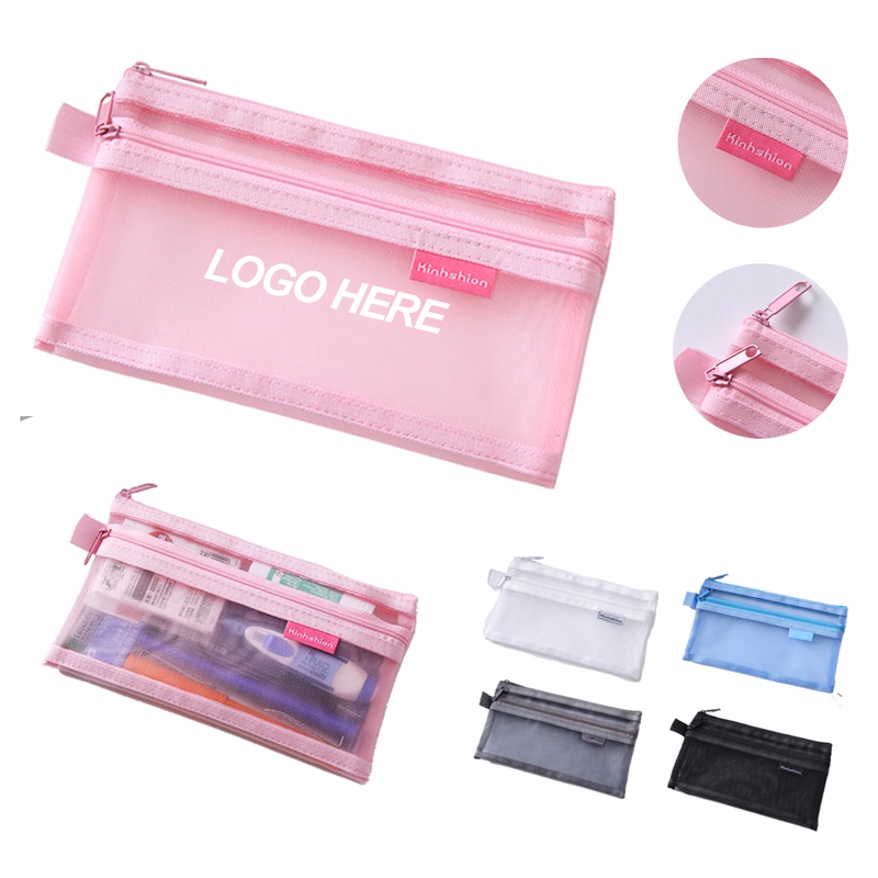 Transparent mesh storage bag Double layer stationery bag