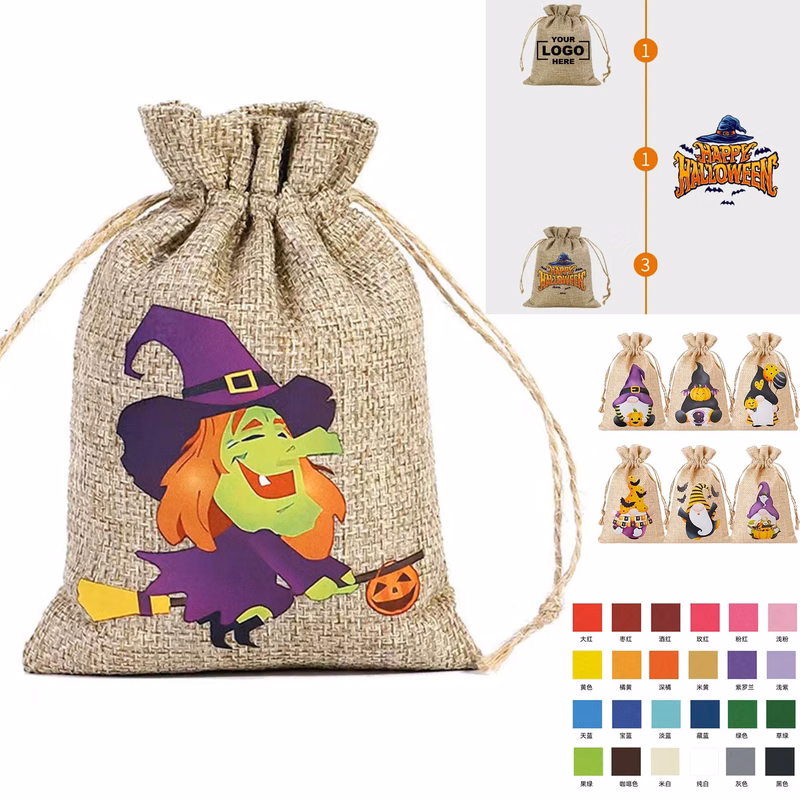 Halloween Burlap Drawstring Gift Bags Jute Pouches