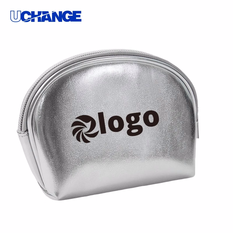 Travel PU Leather Silver Half Moon Cosmetic Bag Organizer