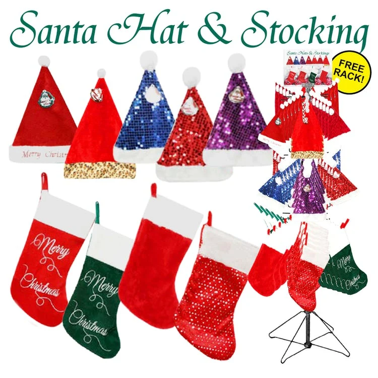Santa Hats & Stockings - Cotton Assorted Colors 1