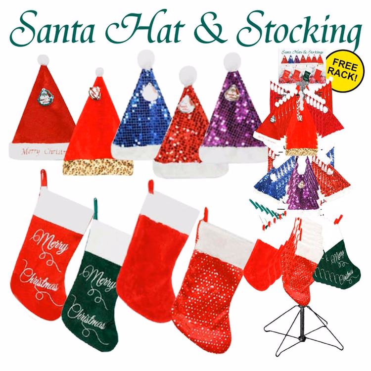 Santa Hats & Stockings - Cotton Assorted Colors