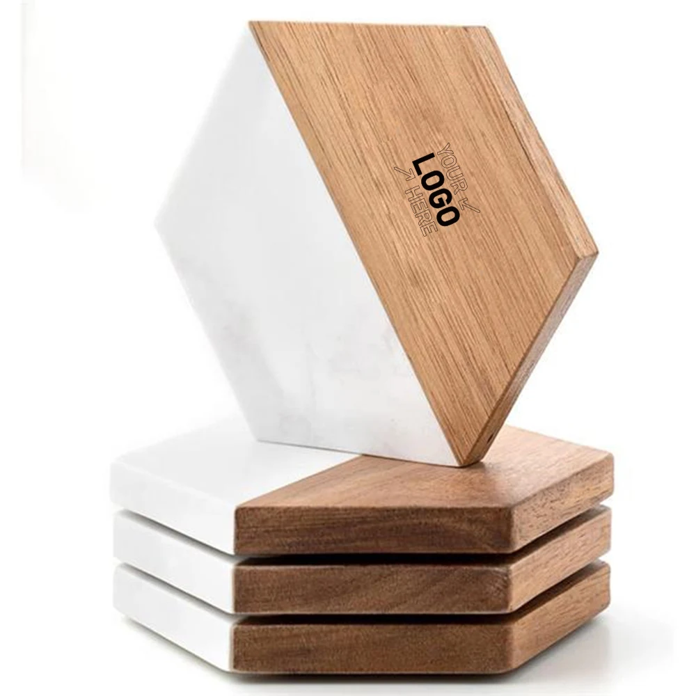 Acacia Wood And Marble Hexagon Coasters 1