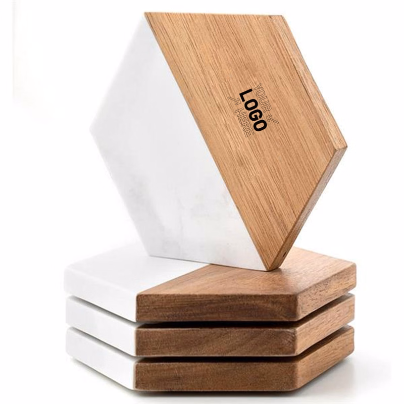 Acacia Wood And Marble Hexagon Coasters