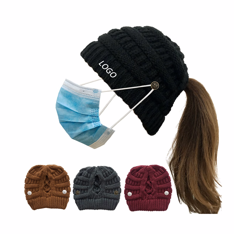 Ponytail Knitted Beanie Hat With Buttons for Masks