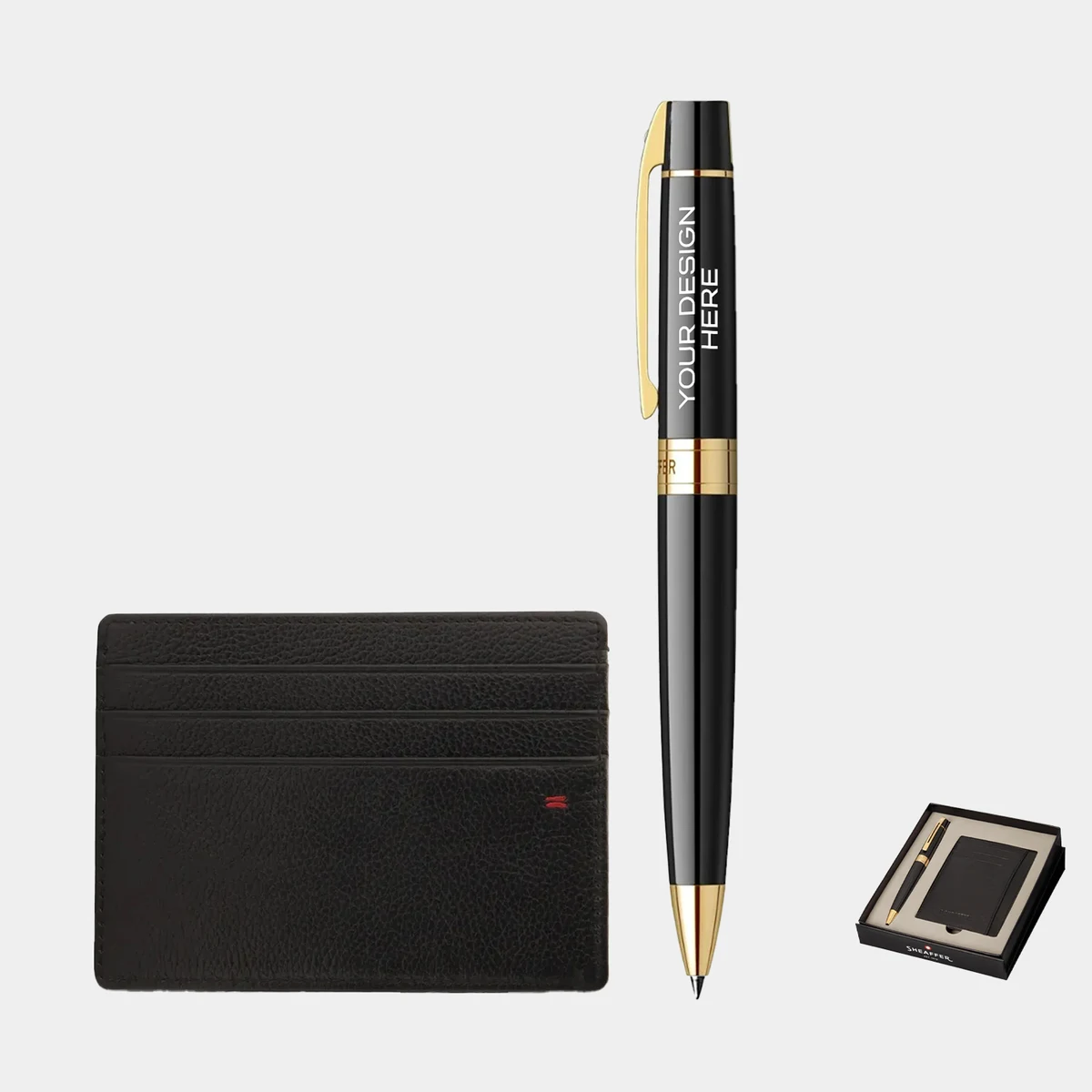 SHEAFFER® Executive Gift Set Glossy Black Gold Trim 300 Ballpoint Pen with Credit Card Holder 1