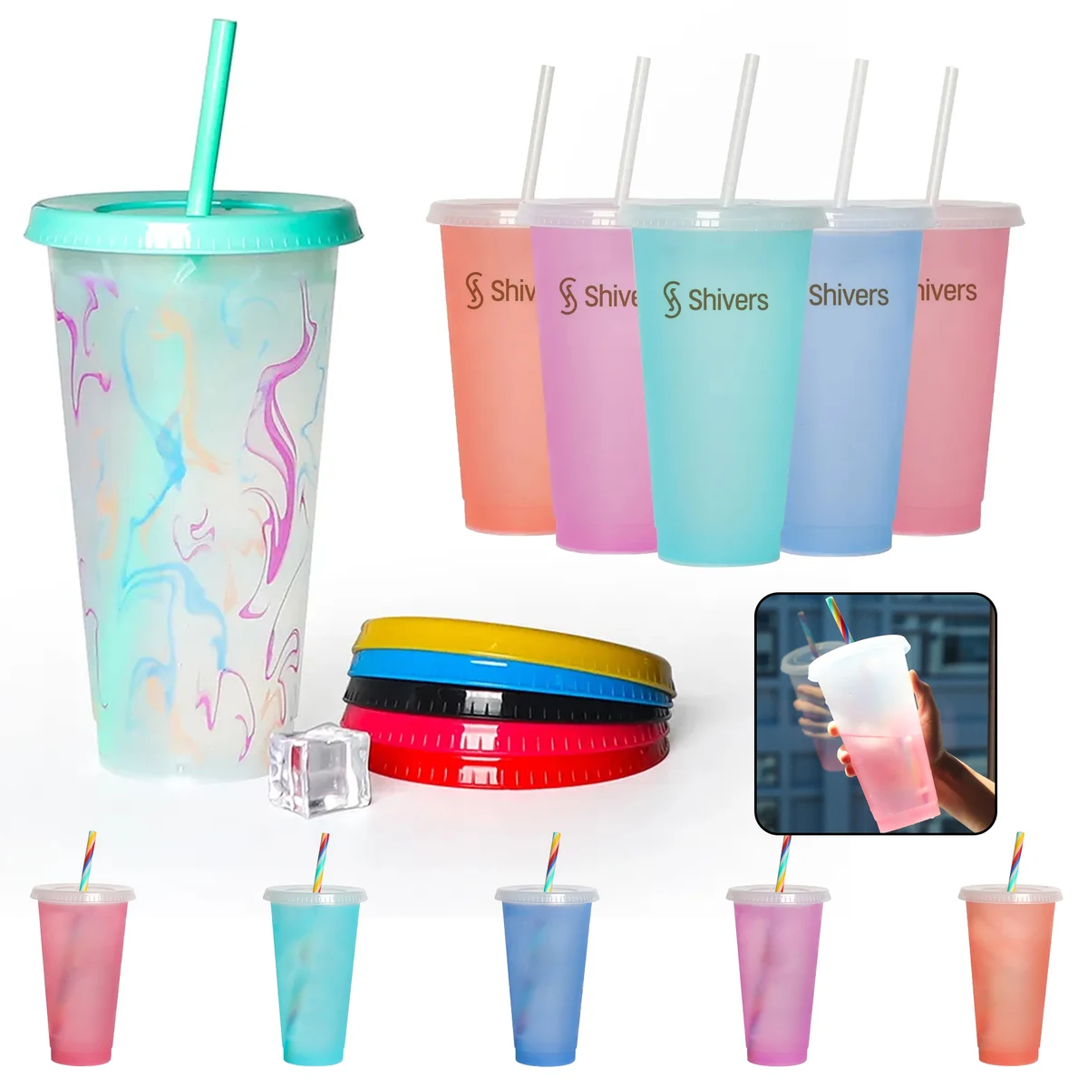 Color Changing Reusable Plastic Cold Drink Cup With Lid And 1