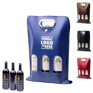 Buckled PU Leather 3-Bottle Wine Bag with Window and Metal Handles 1