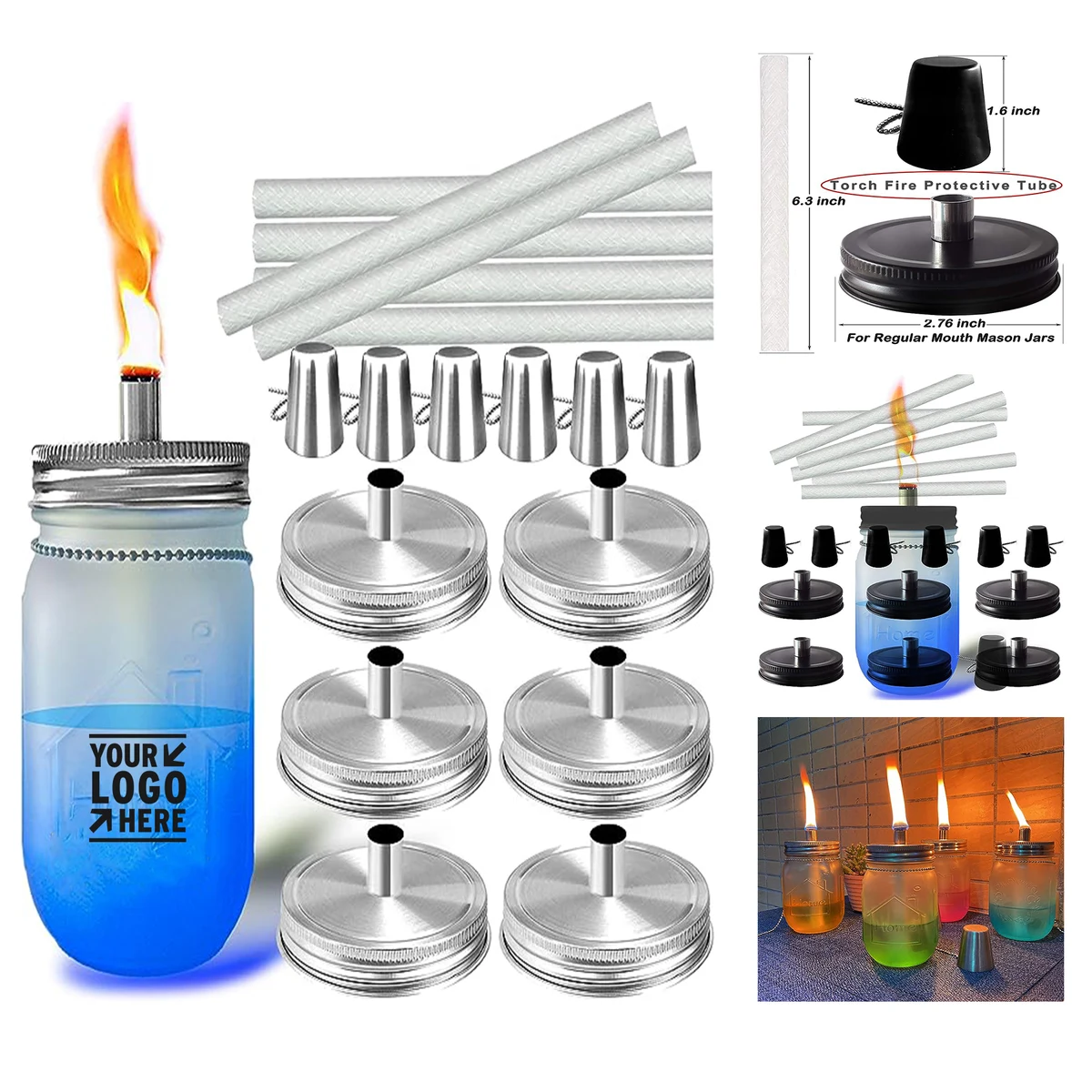 6 Pack Regular Mouth Lids Long Life Fiberglass Wicks and Caps Garden Mason Jar Tabletop Torches Kits 1