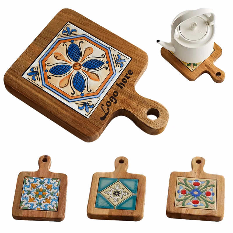 Custom Acacia Wood Trivet with Ceramic Tile Inlay