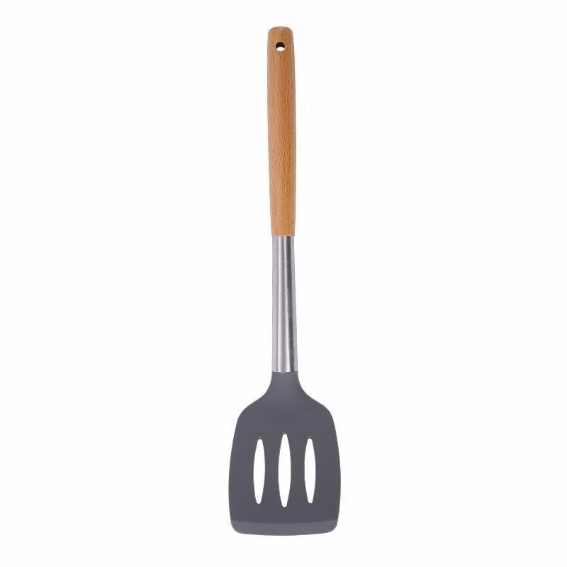 Slotted Silicone Turner Spatula Flipper w/ Wood Handle