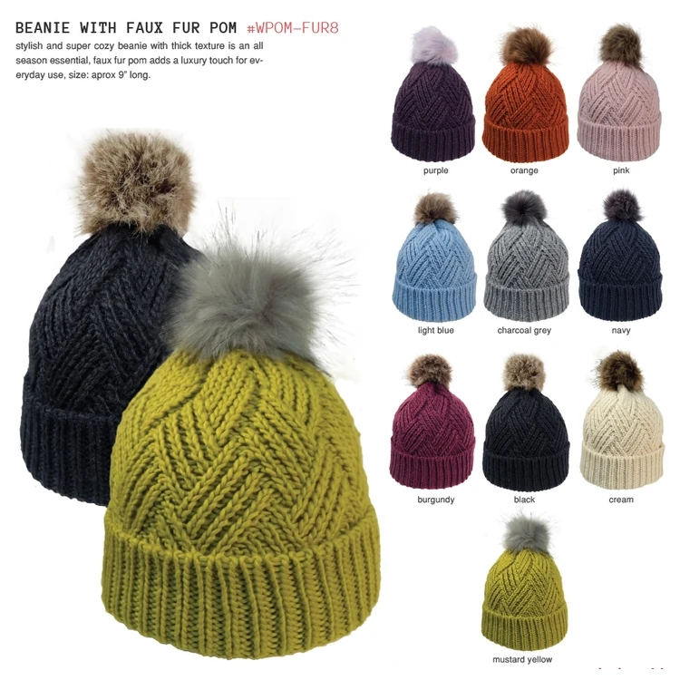 Cross Hatch Beanie w/Faux Fur Pom 1
