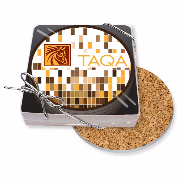 Gift Boxed Set of 4 Premium Round Coasters .010 Frosted Plastic Top & 1/16" cork