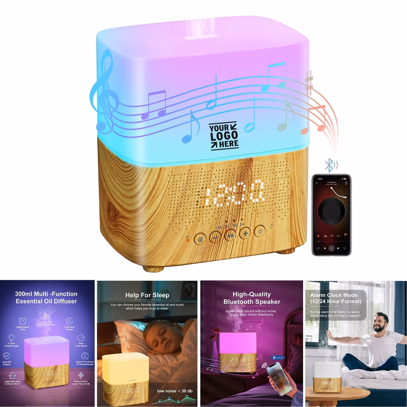 Speaker Digital Alarm Clock 7 Color Lights Room Office 300ML Essential Oil Diffuser