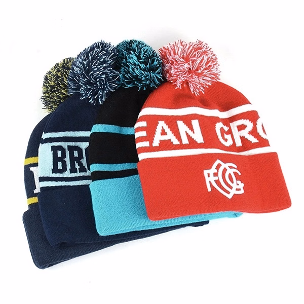 Striped Knit Beanie With Cuff and Pom-Pom