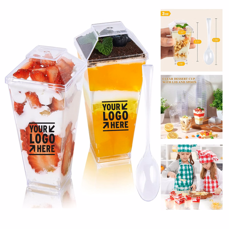 3 OZ Square Mini Reusable Serving Bowl Clear Plastic Parfait Appetizer Dessert Cup with Spoon Lid