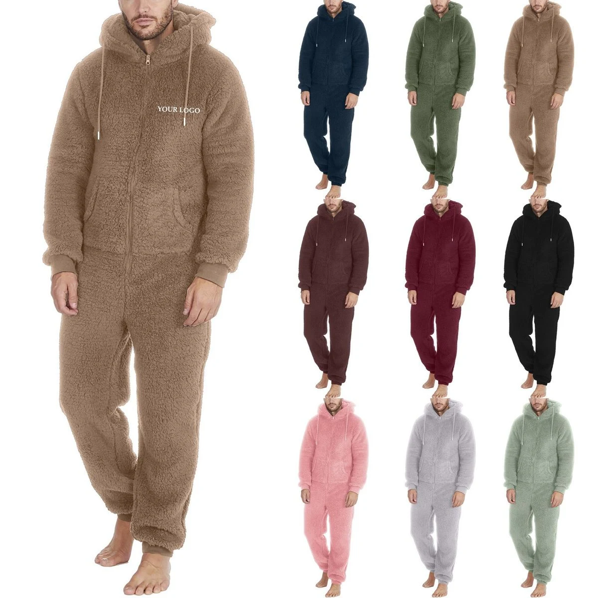 Men's Couple Zippered Warm Plush Jumpsuit Warm Pajamas Overall Sleepwear 1